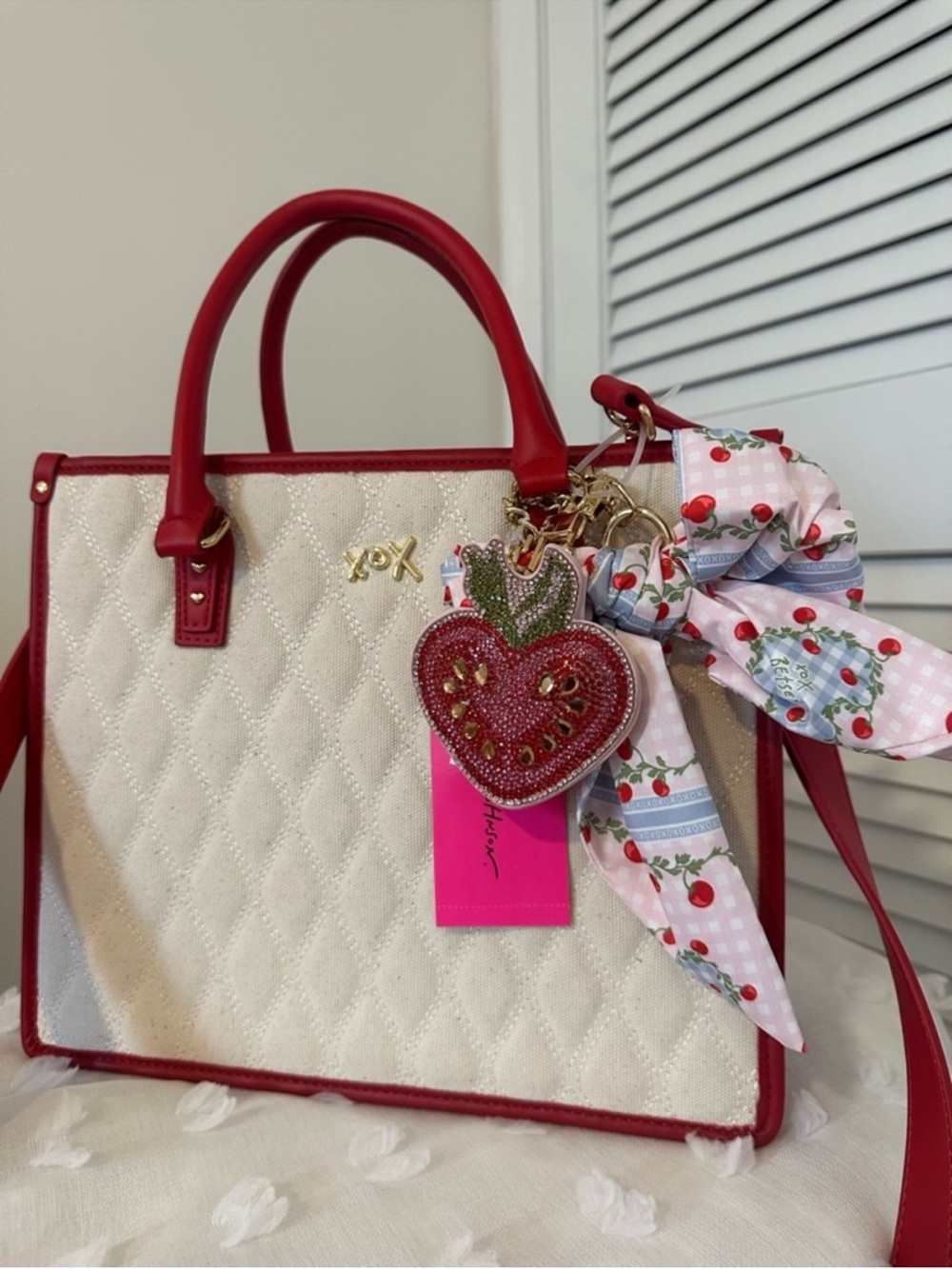 New Betsey Johnson Cream Quilted Satchel with Red Trim and Strawberry Charm